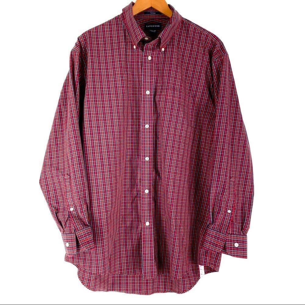 Men’s Lands’ End Button Down Dress Shirt No Iron Plaid Red 17 1/2 - 33